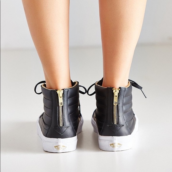 black leather vans with gold zipper